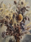 V Curtis oil on board dried flowers, signed and dated 72 lower right, 60 x 45cm, in white painted