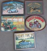 Five vintage car interest signs comprising Bugatti, Harley-Davidson, Peugeot & two Renault,