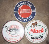 Three enamel advertising signs comprising Chilled Oliver, Mack Service & Studebaker, 30cm