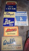Five vintage ice cream advertising signs comprising Lyons Maid, Wall's, Pollards, Eldorado & Mars,