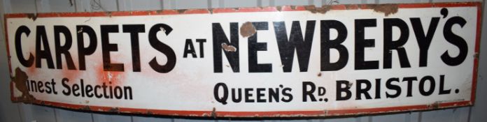 Vintage enamel advertising sign 'Newbery's Carpets, Bristol', 30.5 x 153cm PLEASE NOTE this lot is
