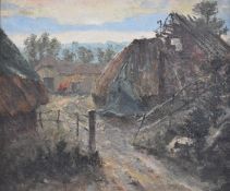 Late 19th or early 20thC impressionist oil on canvas continental village scene with cart, 49.5 x