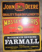 Three enamel advertising signs comprising Farmall, Massey-Harris & John Deere, 20.5 x 45.5cm