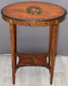 Satinwood oval side table with hand painted portrait of a lady to the top and floral decoration,