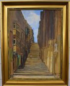 Runzo oil on board street scene of steps, Valletta, Malta, signed lower left 39 x 29cm, in gilt