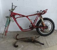 Motocross motorbike frame, forks and rear wheel, possibly Yamaha