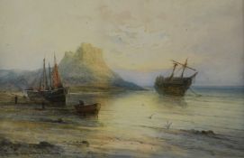 Emil Axel Krause (Danish, 1871-1945) coastal watercolour landscape, Holy Island and castle, signed