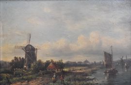 Anthony de Bree (1855-1921) oil on panel likely Dutch canal scene with windmill and boats, signed