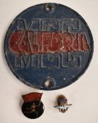 Shell enamel lapel badge, MV Augsta badge and an aluminium California MCC badge, diameter 9cm