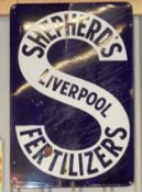 Vintage enamel advertising sign 'Shepherd's Fertilizers Liverpool', 91 x 61cm  PLEASE NOTE this