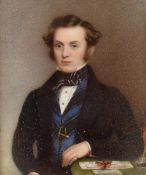19thC portrait miniature of a gentleman in period dress by a writing table, 12 x 9.5cm, in