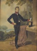 19thC watercolour portrait of a young military officer with stovepipe shako on table, 52 x 38cm,