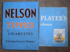 Two vintage advertising signs 'Senior Service Nelson Tipped Cigarettes' and 'Player's Please',