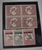 Australia 1913-14, 10s, £1 and £2 mint specimen set of three with 2s brown mint block x 4
