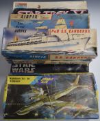 Six model construction kits including AMT Star Wars Star Destroyer, The Lindberg Line SC-100, Airfix