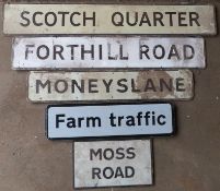 Five road signs comprising Scotch Quarter, Forthill Road, Moneyslane, Moss Road & Farm Traffic