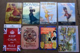 Eight metal advertising signs to include Farmers Markets, Bovril, Players etc, each approximately 40