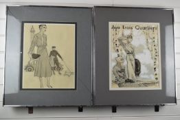 Two Art Deco pencil drawings, one lady and gentleman with dog in front of a car, the other two