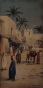 Giovani Barbaro (1864-1915) watercolour Arab street scene with camels being lead through busy