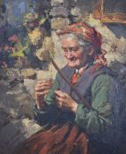 Impressionist oil on canvas old lady spinning yarn, indistinct signed lower left, possibly G