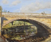 E. Glen oil on canvas bridge with horse and rider going across, signed lower left, 37 x 45cm