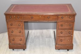 19th/20thC mahogany leather inset twin pedestal desk, W118 x D59 x H75cm