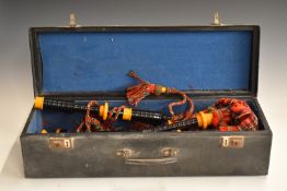 R Gillanders, Dundee, Highland bagpipes c1930-1950, blackwood effect with imitation ivory mounts, in