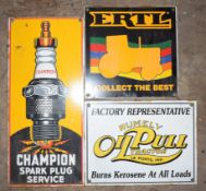 Three enamel advertising signs comprising Ertil, Rumely Oil Pull Tractor & Champion Spark Plugs,