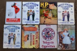Eight metal advertising signs to include Zippo, H.P Sauce, tea, Player's etc, each approximately