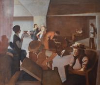 George Lewis large oil on canvas, possibly a salon scene with gramophone, signed lower left, with