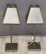 Pair of modern polished steel or similar table lights, height of tallest 62cm