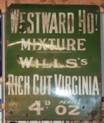 Vintage enamel advertising sign 'Wills's Westward Ho! Mixture Rich Cut Virginia', 154 x 122cm PLEASE