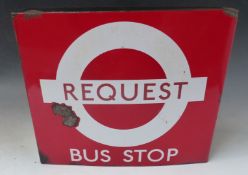 Double sided enamel London Transport 'Request Bus Stop' sign, 39x46cm