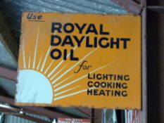 Vintage enamel double sided advertising sign 'Royal Daylight Oil for lighting, cooking, heating',