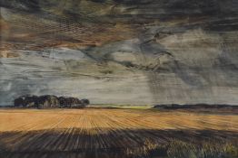 Cavendish Morton (1911-2015) watercolour ploughed fields near Iken with stormy sky above, signed and