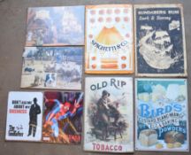 Eight metal advertising signs to include Old Rip tobacco, Bird's etc largest approximately 60.5 x