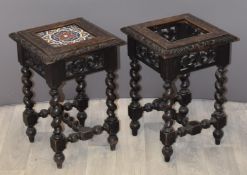 A pair of carved oak side tables, one with inset Art Nouveau tile, probably Minton, W36 x D36 x