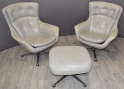 Pair of retro / mid century modern Stevens armchairs and matching footstool, 90cm
