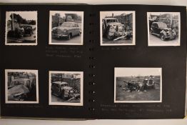Album of photographs of crashed vintage cars and commercials, some annotated giving circumstances,