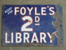 Vintage enamel double sided advertising sign 'Agent for Foyle's 2D Library', 38 x 56cm  PLEASE