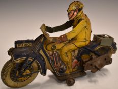Mettoy tinplate clockwork AA Motorcycle Patrol motorbike and rider with PU150 number plate.