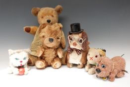 Six vintage Teddy bears including a blonde mohair example with clockwork musical box playing