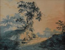 William Payne (British, 1754-1833) attributed watercolour, figures around a cooking fire in