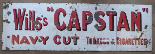 Vintage enamel advertising sign 'Wills's Capstan Navy Cut tobacco and cigarettes', 84 x 266cm PLEASE