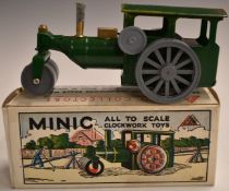 Tri-ang Minic clockwork tinplate Steam Roller in green with grey wheels, in original box with key.