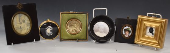 Six portrait miniatures, photographs and similar, to include painted porcelain plaque of a boy in