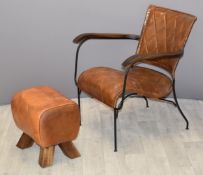 Retro style leather armchair with footstool