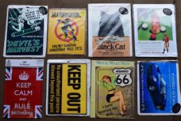 Eight metal advertising signs to include Black Cat, Johnnie Walker, Highway 66, Ford GT40 etc,