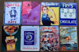 Eight metal advertising signs to include Quaker Oats, Fry's chocolate, Cadbury's etc, each