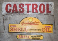 Vintage advertising sign 'Castrol', length 58cm together with two Shell cast signs  PLEASE NOTE this